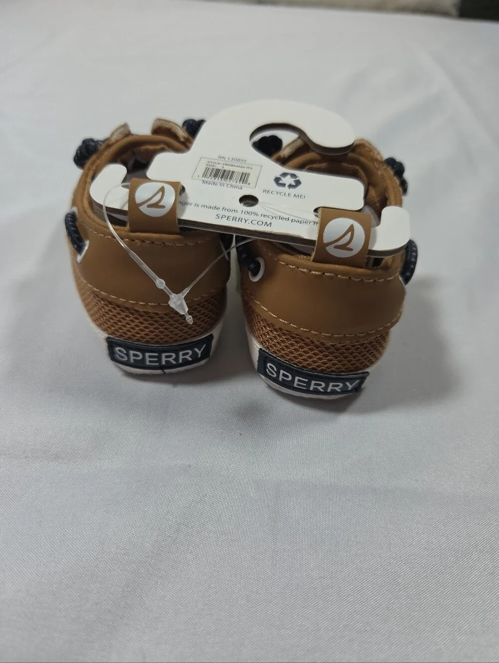 NWT SPERRY Top Sider Infant Size 3 Boat Shoe Lace-Up Tan W/Navy Laces